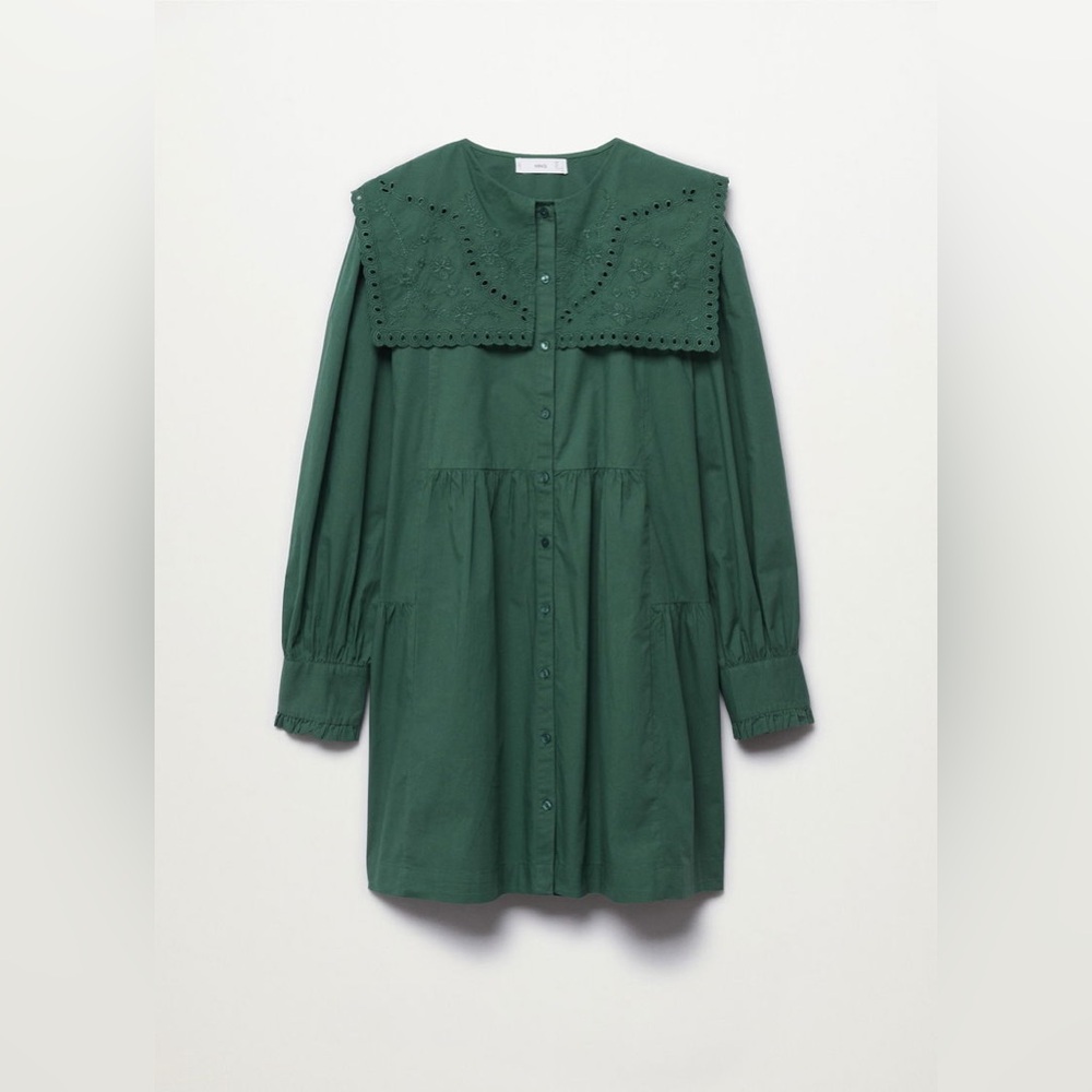 Mango Dark Green Embroidered Neck Mini Dress